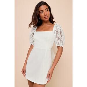 NWT Lulus Charming Potential White Organza Backless Puff Sleeve Mini Dress Sz M